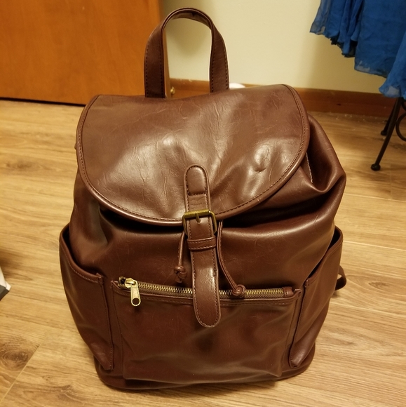 Vegan Dark Brown Faux Leather Drawstring Backpack - Picture 1 of 5